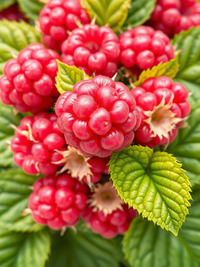 Create a vibrant illustration of a cluster of pink raspberries with green leaves, using a high-quality digital camera with a macro lens at f/2.8 aperture, 1/200s shutter speed, ISO 100, shot in natural light from a top-down view to enhance the colors and details of the fruit.