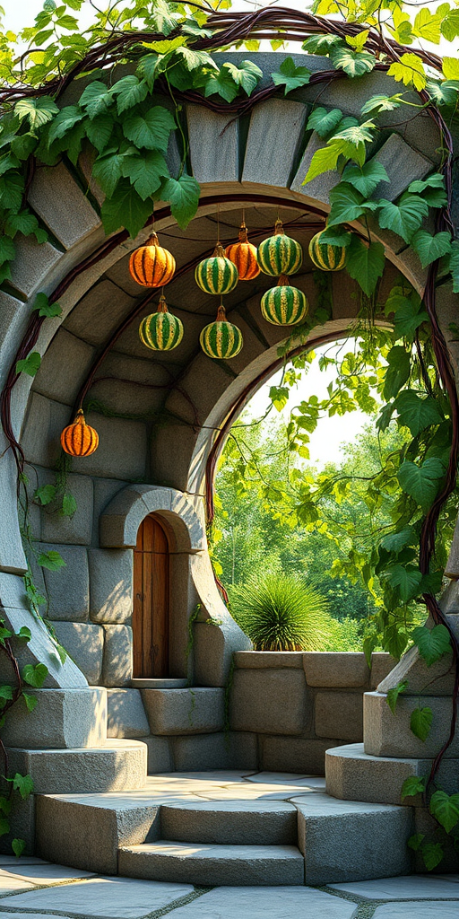 Create a highly detailed 3D render of a circular stone structure entwined with lush green vines and hanging gourds, shot with a Canon EOS R5 at f/8 aperture, ISO 100, 50mm lens, in a soft natural light setting from a low angle to emphasize depth and texture.