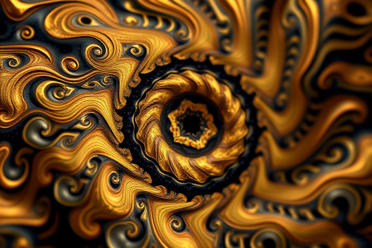Generate a high-resolution fractal image with intricate golden and black swirling patterns, using a Canon EOS 5D Mark IV with a 50mm lens, aperture set to f/8, ISO 100, and a soft focus background to enhance depth.
