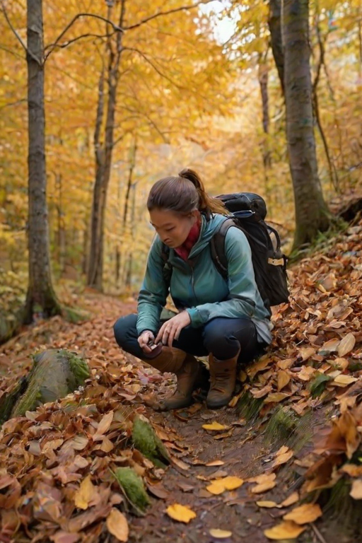 Secluded mountain trail, the ground covered in autumn leaves, a woman in hiking boots pauses to take a deep breath, her camera around her neck, ready to capture the landscape.