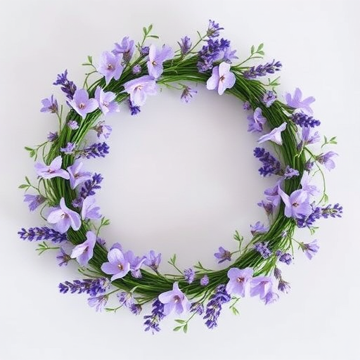 Create a circular floral wreath with delicate lavender flowers and green foliage, captured with a DSLR camera at f/2.8 aperture, ISO 100, and a 50mm lens, in a soft-focus, natural light setting to enhance color vibrancy and details.