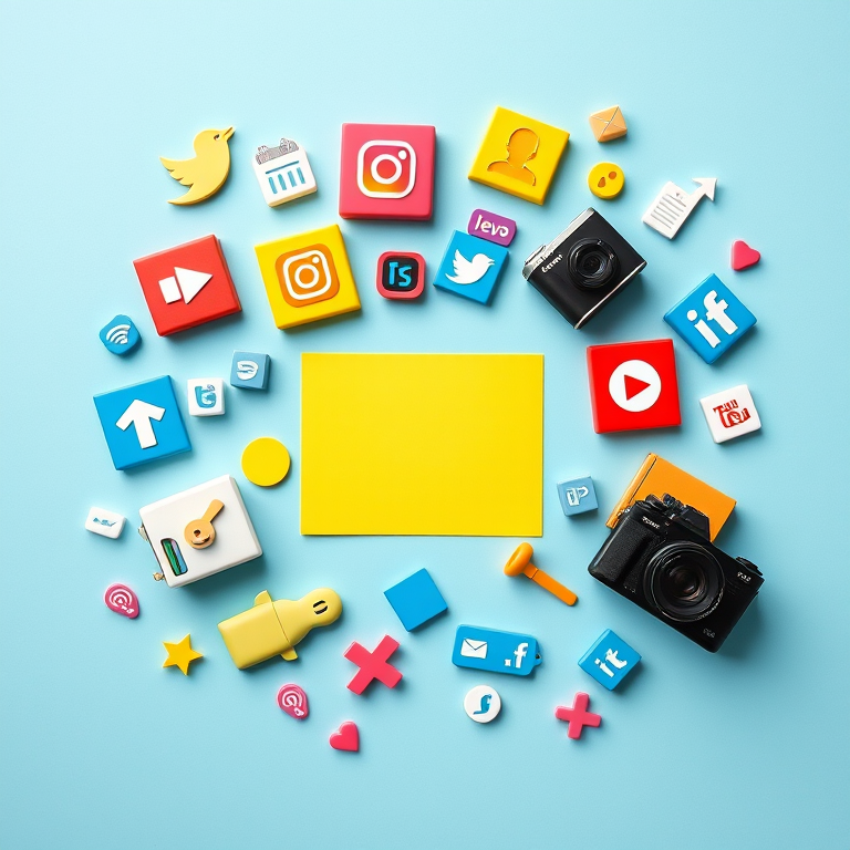 Create a vibrant flat lay image of various colored icons representing social media and technology on a light blue geometric background, using a Canon EOS R camera, 50mm lens, f/1.8 aperture, ISO 100, and natural daylight to enhance clarity and detail.