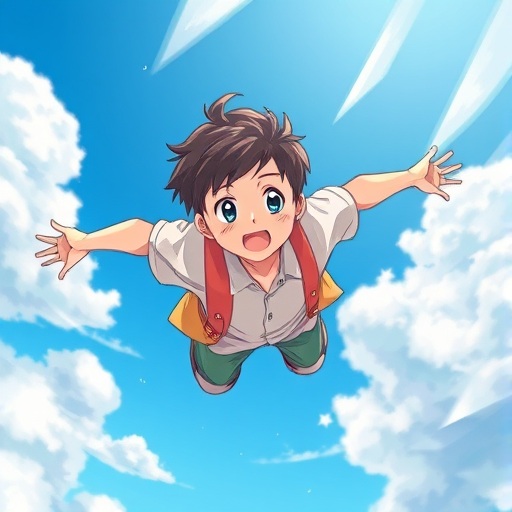 create a digital illustration of a young boy flying through a bright blue sky with fluffy white clouds, use a soft focus effect, set aperture to f/2.8 for shallow depth of field, use a wide-angle lens at 24mm, and simulate a vibrant color style typical of anime art