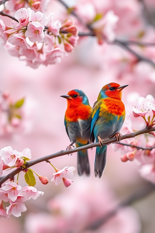 a vibrant scene of two colorful birds perched on a blossoming cherry tree, with delicate pink flowers surrounding them, soft focus effect, taken with a DSLR camera, 50mm lens, f/2.8 aperture, ISO 100, natural light, slightly overexposed for a dreamy look