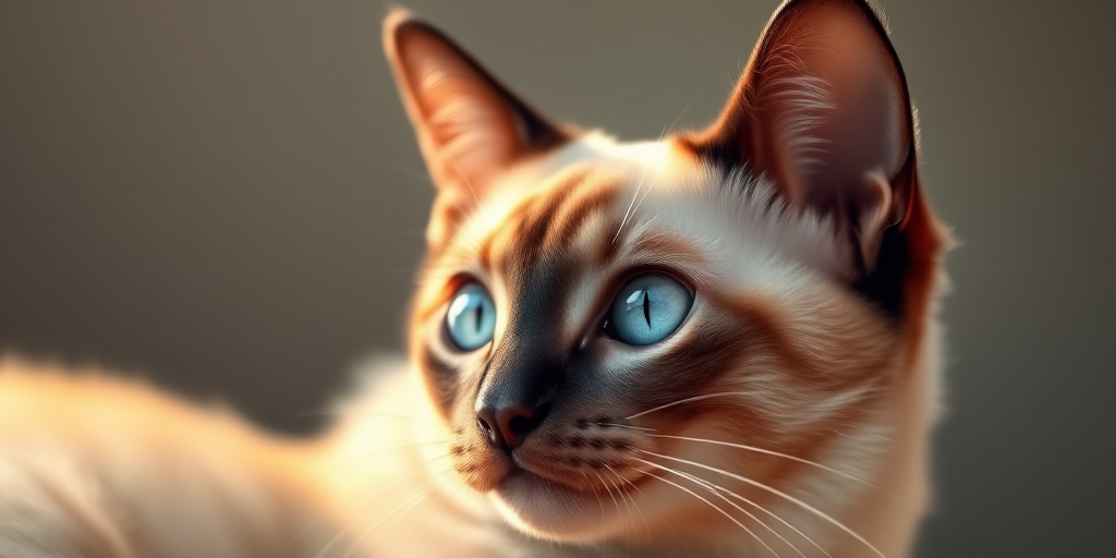 Create a high-resolution digital illustration of a Siamese cat with striking blue eyes, depicted in a side profile view, using a soft-focus lens effect, 50mm aperture, ISO 100, f/1.8, with warm lighting to enhance the cat's features and colors.