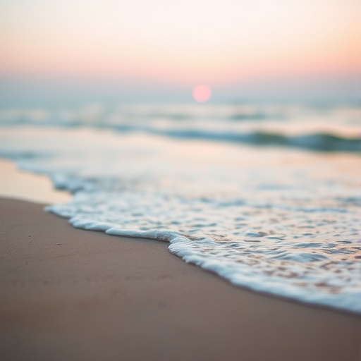 Soft-focus image of a serene beach at dawn, with gentle waves caressing the shore, and soft pastel colors painting the sky as the sun begins to rise.