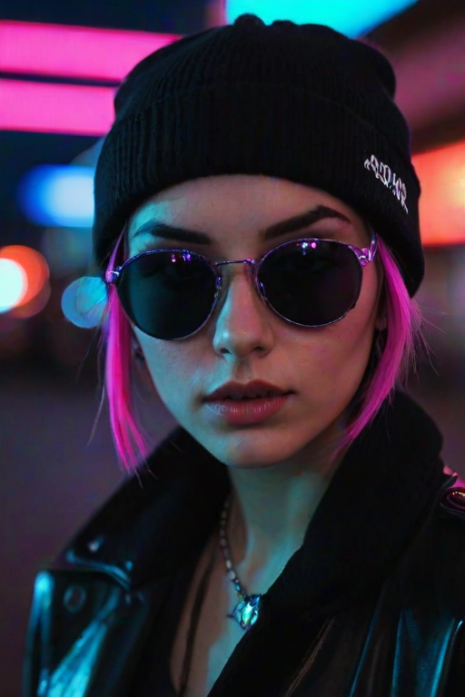 face close up, alternative girl, watching over black sunglasses, jacket, necklace, neon light reflections on skin, ear ring, makeup, skin imperfection, short hair, beanie, neon lights background, low light, depth of field, highly detailed, high contrast, film grain, Rim Lighting, Long Exposure, DSLR