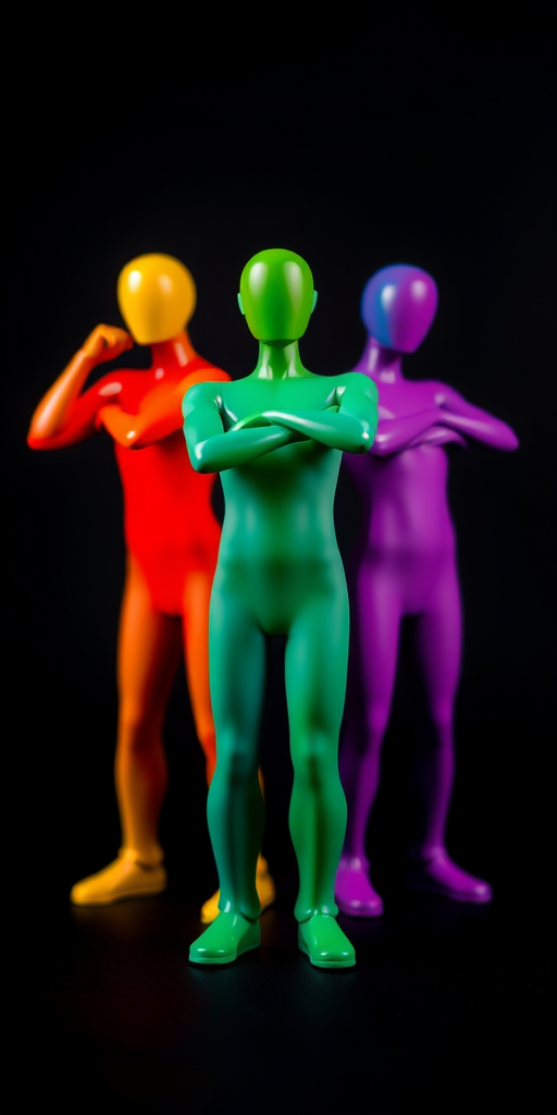Generate an image of three colorful, stylized figures posed dynamically against a black background, using a DSLR camera with a 50mm lens, aperture f/1.8, ISO 100, and a shallow depth of field for enhanced focus on the subjects, capture in high-resolution with vibrant color saturation.