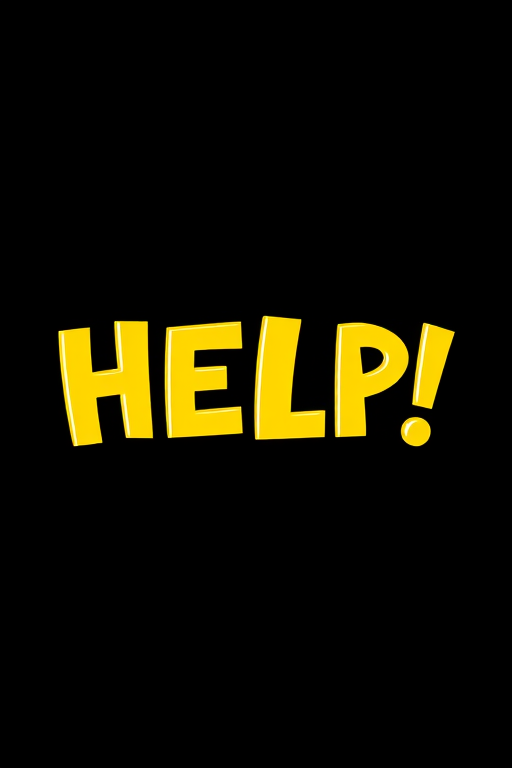 Create a vibrant yellow text image with the word "HELP!" in bold, cartoonish letters on a solid black background, using a Canon EOS 5D Mark IV camera, aperture f/2.8, ISO 100, 50mm lens, shot from eye level to enhance clarity and color contrast.