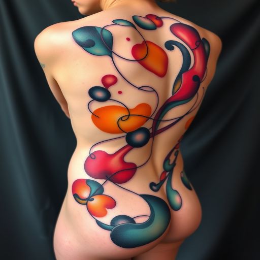 Avant-garde abstract tattoo featuring fluid shapes and organic forms, blending vibrant colors with negative space to create a dynamic, ever-changing composition across the body