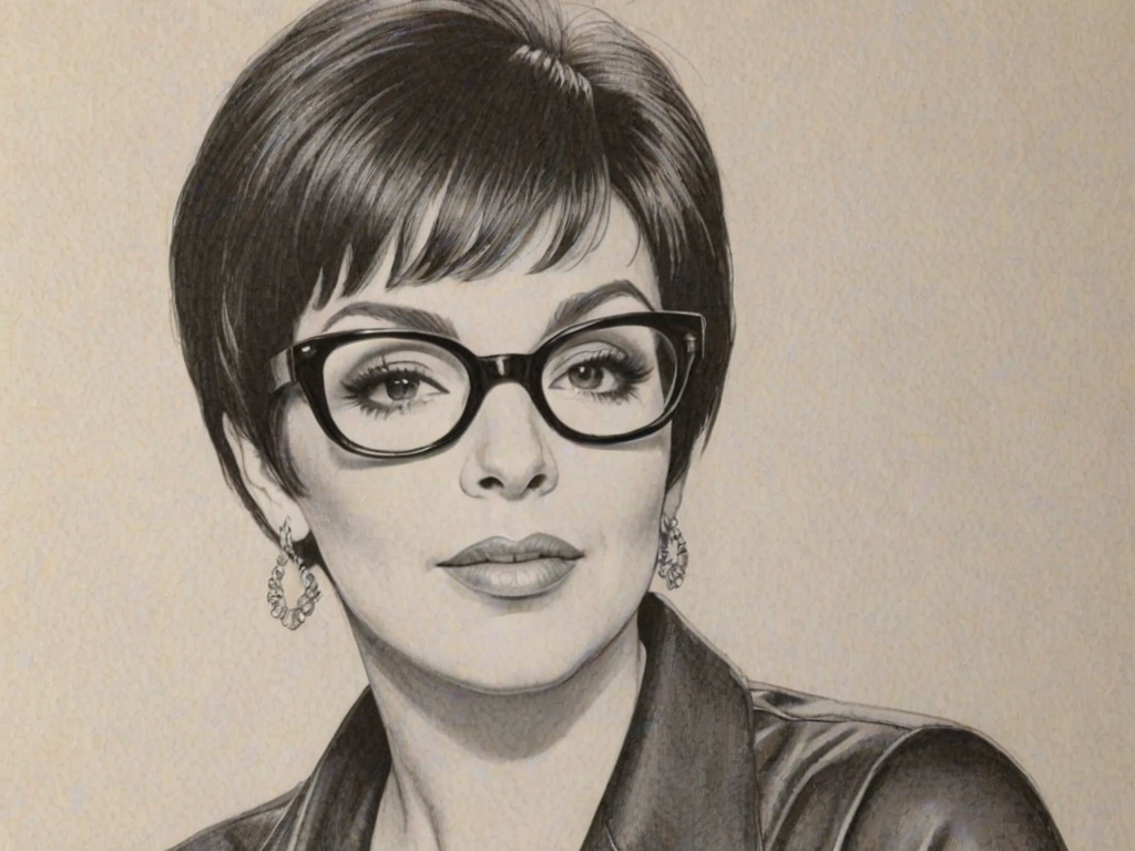 Fascinating Liza Minnelli, pencil sketch, portrait of Beauteous woman 1968s in glasses, hair style beatnik, outline, clear lines, fine lines, 8k