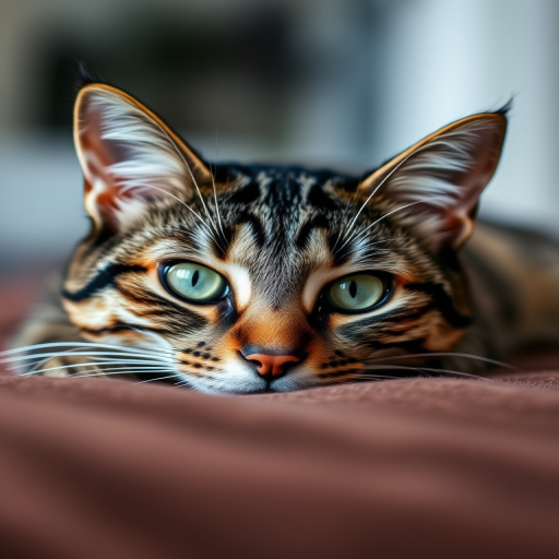 a close-up photograph of a tabby cat with striking green eyes relaxing on a soft, brown surface, using a DSLR camera with a 50mm lens, aperture f/1.8, ISO 200, natural light, shallow depth of field for a blurred background