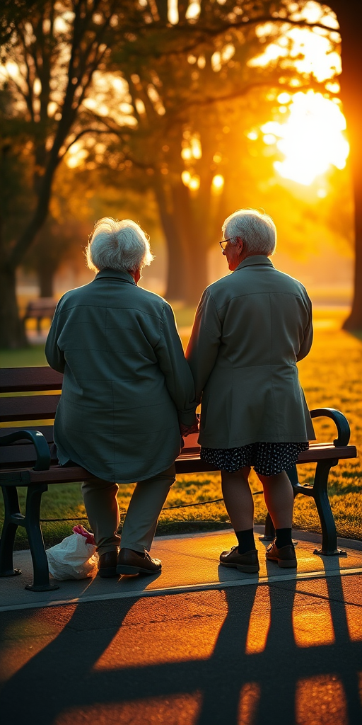 Warm, softly lit photo of an elderly couple holding hands on a park bench at sunrise, soft glow from the morning light casting long shadows on the ground, the smell of fresh dew in the air, distant trees covered in golden light.