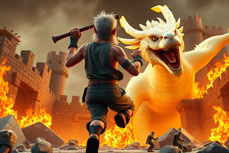 Cartoon 3D High-Resolution,dynamic battle scene using Unreal Engine 5 and Octane Render. The scene features back of an elderly, thai man with a beard,messy hair and round golden-rimmed glasses. He is wearing a tattered tank top with soot marks, shorts, and sandals. sweating. he wields a baseball bat. He jump to fight with a white fire-breathing Europe dragon amidst a partially destroyed stone castle. Include intense flames, smoke, and debris to enhance the dramatic effect.
