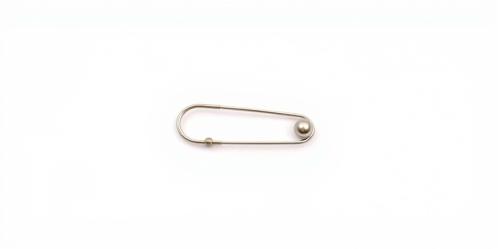 create a high-resolution image of a silver safety pin on a plain white background with soft lighting, using a DSLR camera, 50mm lens, f/2.8 aperture, ISO 100, 1/200 sec shutter speed, top-down view, shallow depth of field to enhance detail and focus on the pin