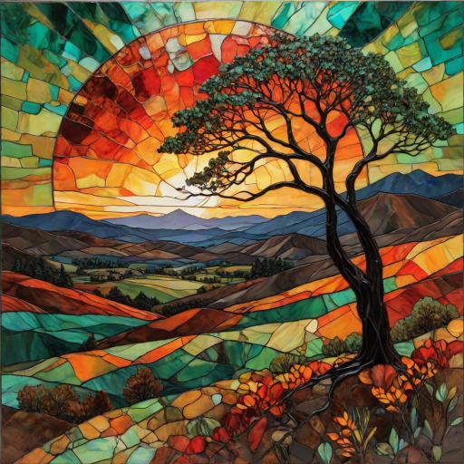 A vibrant abstract painting on Tiffany Glass, blending acrylic and alcohol ink techniques, captures a dramatic sunset over rolling hills. The artwork features a textured, rocky foreground in green and brown, layered abstract hills, and a striking sunset in rich oranges, yellows, and reds. A solitary black tree with intricate branches contrasts against the fiery sky, creating a dynamic and expressive portrayal of a breathtaking natural scene.