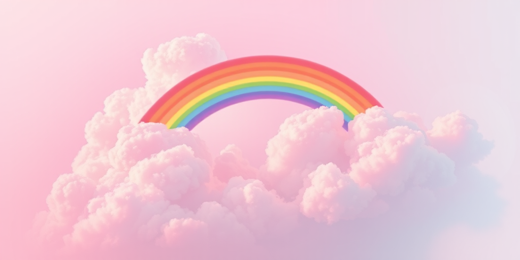 Generate a vibrant illustration of a rainbow emerging from fluffy pink clouds against a soft pastel background, with high saturation colors, using a digital illustration style, simulating a DSLR camera shot at f/2.8, 50mm lens, and soft lighting to enhance the overall quality.