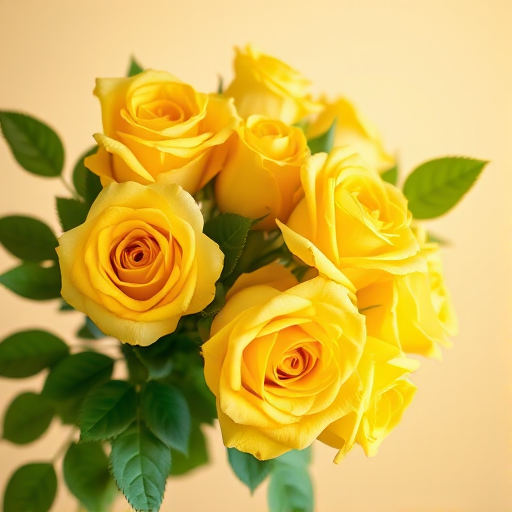 A vibrant bouquet of fresh yellow roses with lush green leaves against a soft gradient background, captured with a DSLR camera, 50mm lens, aperture f/2.8, ISO 100, natural lighting, and macro view for enhanced detail and color saturation.