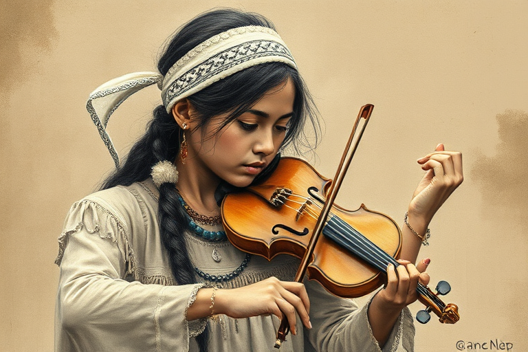 a young First Nations woman with a white headband playing a violin, in the style of a charcoal drawing, sepia grunge background