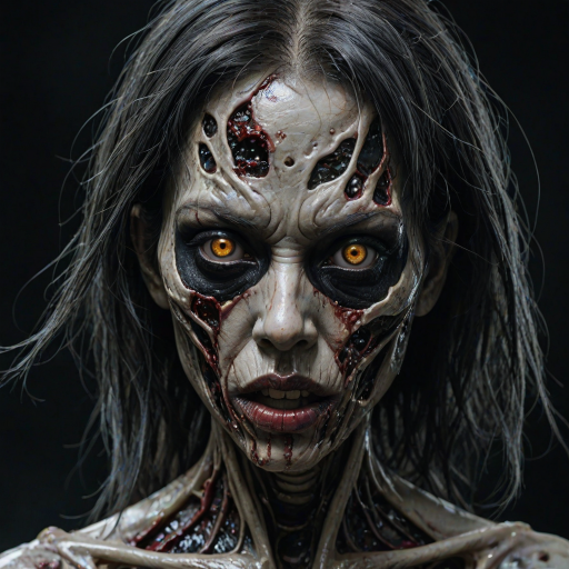 (perspective) of A creepy (ethnicity) zombie cyborg with (descriptive color) skin, (color) lipstick (color) liquid flowing from her eyes and mouth, (perspective two) portrait, (camera angle), extremely detailed, (art style) in the style of Yoshitaka Amano and Tetsuo Hara. --ar 85:128 --style raw --niji 6