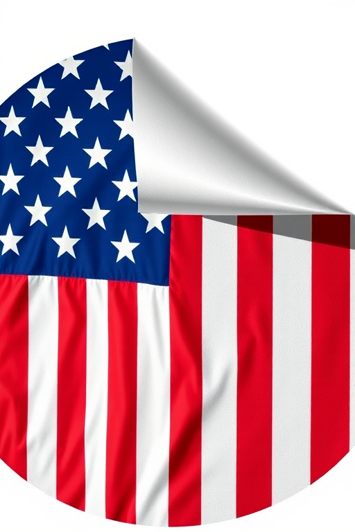 Create a high-resolution circular sticker design featuring the American flag with a slightly lifted corner, shot with a DSLR camera at f/8 aperture, 50mm lens, ISO 100, natural light, emphasizing vibrant colors and sharp details.