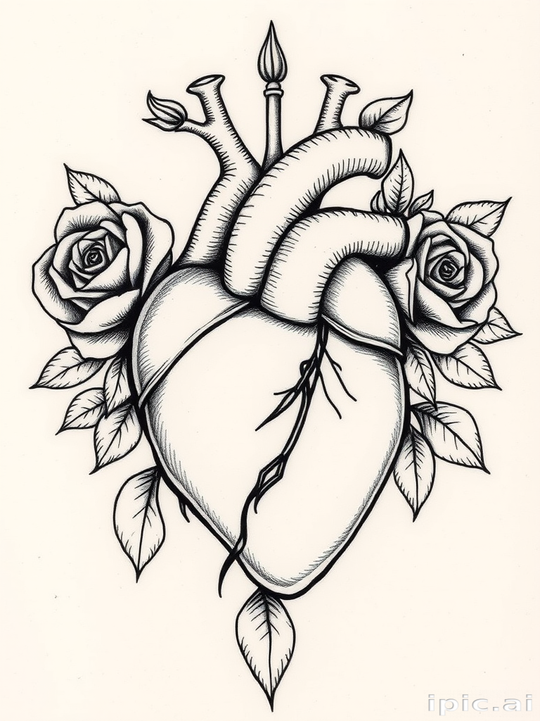 Vintage etching-style tattoo showcasing a detailed anatomical heart intertwined with blooming roses, rendered in fine line work and subtle shading for a timeless monochromatic piece
