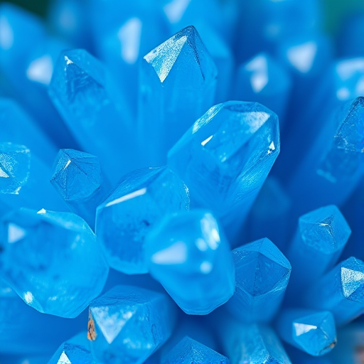 Create a close-up image of a cluster of blue crystal formations with sharp, transparent edges, ensuring a shallow depth of field, using a macro lens at f/2.8, ISO 100, shutter speed 1/200s, with soft, diffused lighting to highlight the facets and textures.