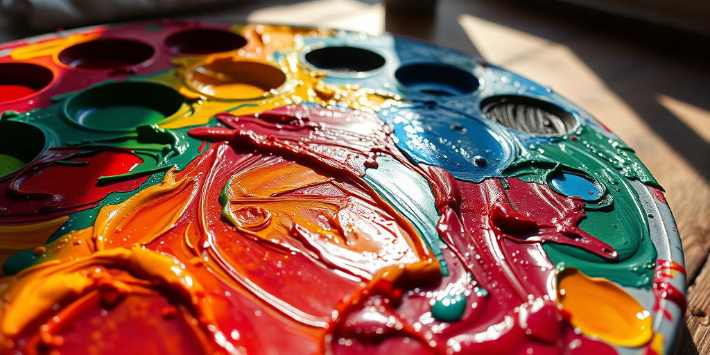Sharp, close-up photo of a painter's palette, vibrant colors smeared together, brushstrokes visible in the thick paint, sunlight glinting off the wet surface, soft shadows cast on the wooden table, an unfinished canvas visible in the background.