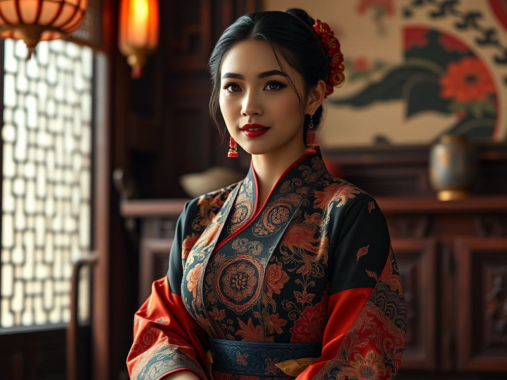 A beautiful Latino woman in traditional East Asian attire, intricately detailed with embroidered patterns, sitting gracefully in a richly decorated room, soft ambient lighting, serene and elegant, ultra-realistic, 8K resolution