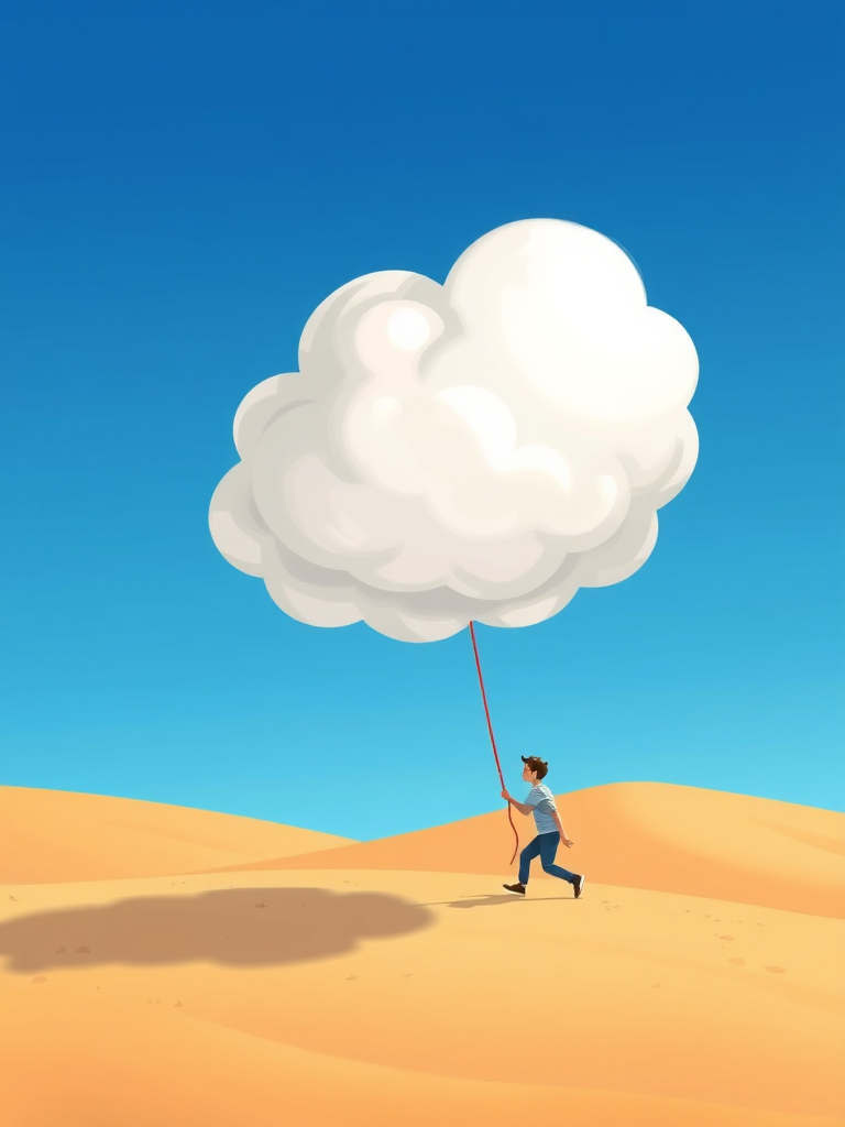 Create a whimsical illustration of a person pulling a cloud with a red rope in a desert setting, vibrant blue sky, soft desert sands, use a shallow depth of field, 50mm lens, ISO 100, f/2.8, natural lighting, digital art style.