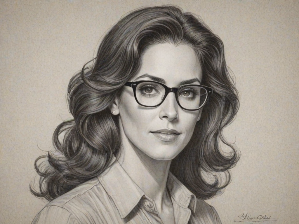 Enchanting Jami Gertz, pencil sketch, portrait of Dazzling woman 1941s in glasses, hair style beatnik, outline, clear lines, fine lines, 8k