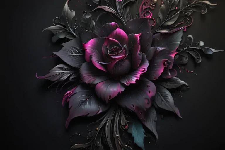 Dark Roses Design Elegant Dark Rose with Intricate Leaves and Vibrant Pink Highlights