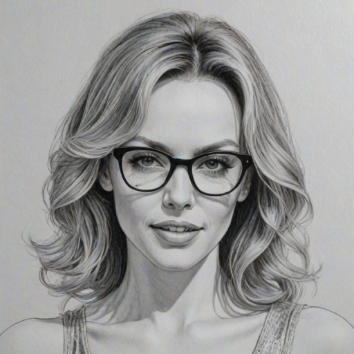 Ravishing Kylie Minogue, pencil sketch, portrait of Pleasing woman 1974s in glasses, hair style beatnik, outline, clear lines, fine lines, 8k