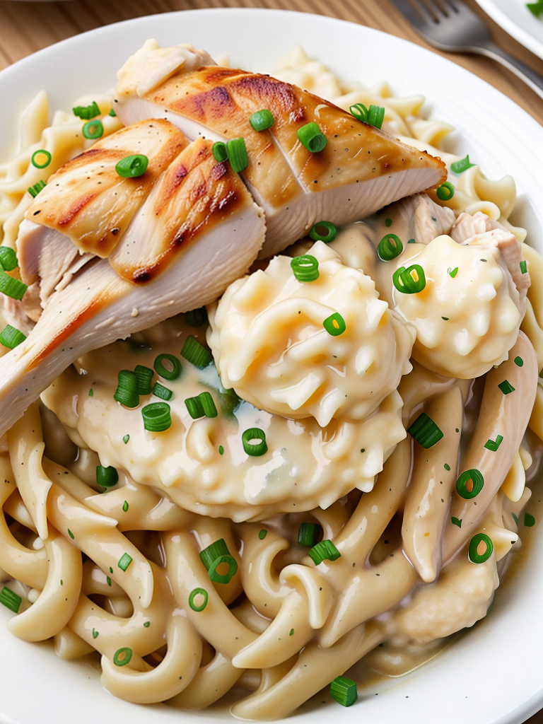 chicken and noodles over mashed potatoes