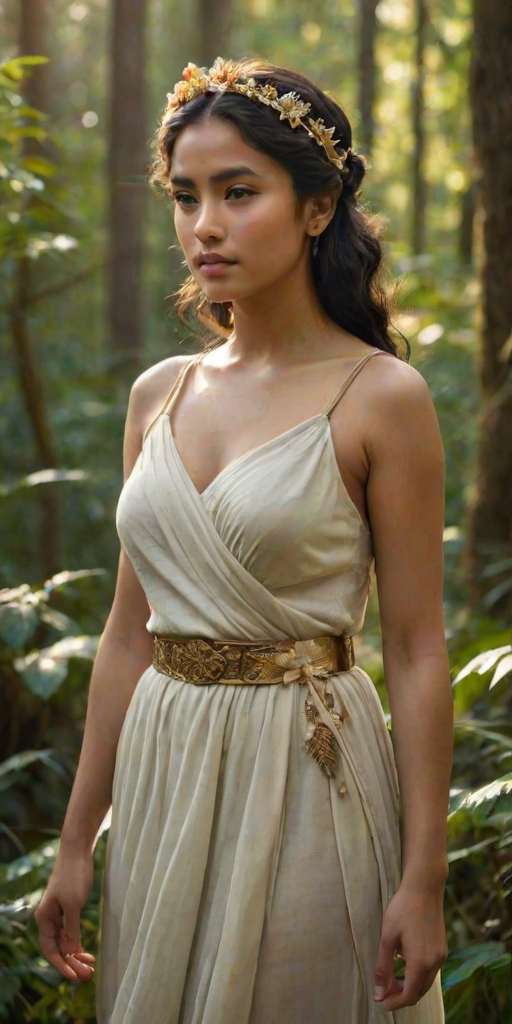 Create a portrait of a goddess-like Nepali girl figure in a tranquil, forested environment. She has an elegant appearance with long, wavy hair styled in an updo and adorned with a delicate, floral headband. She wears a flowing, ancient Greek-inspired gown in a soft, pale color, featuring a one-shoulder design and draped fabric that accentuates her graceful form. The outfit includes a decorative belt with ornate gold detailing, and she holds a bow in her hand, with a quiver of arrows slung over her shoulder. The background depicts lush greenery, with sunlight filtering through the trees, casting a gentle, ethereal light on the scene. Her expression is calm and contemplative, embodying a sense of wisdom and serenity.