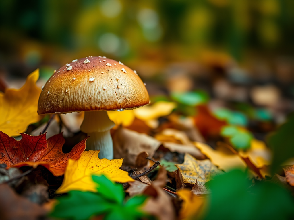 capture a detailed close-up of a brown mushroom surrounded by autumn leaves in a forest setting, shallow depth of field, natural lighting, aperture f/2.8, ISO 100, 50mm lens, DSLR camera, vibrant colors and sharp focus on the mushroom while softly blurring the background