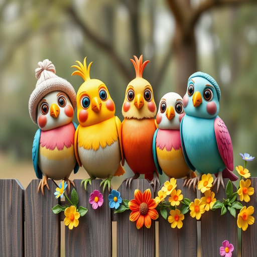 create a scene of 4 quirky  whimsical colourful comical birds each with a funny expression. they are sat on a wooden fence with colourful flowers. they are all different sizes. each one is a different colour  one is wearing a woolly hat. Each one has a different quirky google expression and there is a muted background of trees watercolour paintierly style high definition 8k resolution 3D paper mache