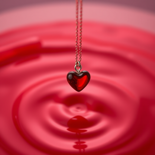 Create a highly detailed image of a red heart pendant suspended above a swirling red liquid surface, using a DSLR camera with a 50mm lens, aperture set to f/1.8 for a shallow depth of field, ISO 100 for optimal clarity, shot from a top-down view with soft lighting to enhance reflections and highlights.