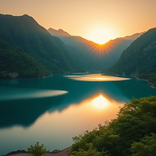 Create a high-resolution digital artwork of a serene landscape featuring a tranquil lake surrounded by lush green mountains during sunset, with soft golden light reflecting on the water, captured using a Canon EOS R5, 24mm f/1.4 lens, ISO 100, shutter speed 1/125s, in landscape orientation, with a focus on vibrant colors and sharp details.