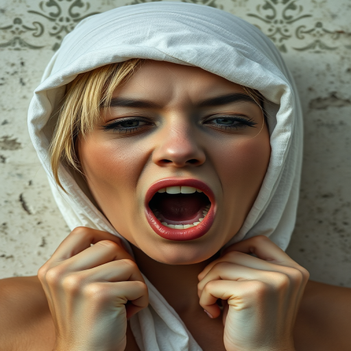 Create a close-up photographic image of a Creole woman with light skin tones shown against an old, worn wall. Their head is wrapped in a white cloth covering (i.e.... parts of the head except the nose and mouth, which are open as if they are screaming...), with a slight texture and visible folds in the fabric. Thin strands of blonde hair escape from the wrapping above, falling lightly at the top and sides. Their hands hold the fabric as if they are tugging nervously. The lighting is dramatic and even, casting strong shadows. The image has a minimalist and surreal style with an emphasis on simplicity with soft color tones. The composition is centered.