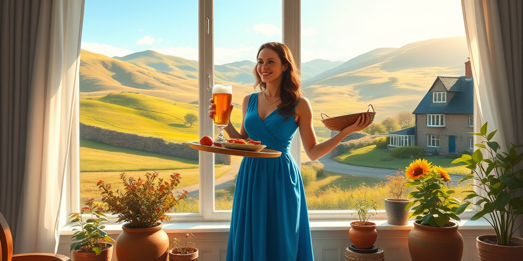 In "A Glass of Beer on the Highland," a serene scene is depicted in a sunlit room where a woman in a vibrant blue dress stands by a large window. She holds a tray with a hearty meal and a frothy glass of beer, embodying a moment of relaxation. Outside, the breathtaking highland landscape features rolling green hills and a charming traditional house, all bathed in warm afternoon light. The interior is adorned with potted plants, creating a harmonious blend of comfort and nature. The painting beautifully captures the tranquility and joy found in simple pleasures amidst stunning scenery