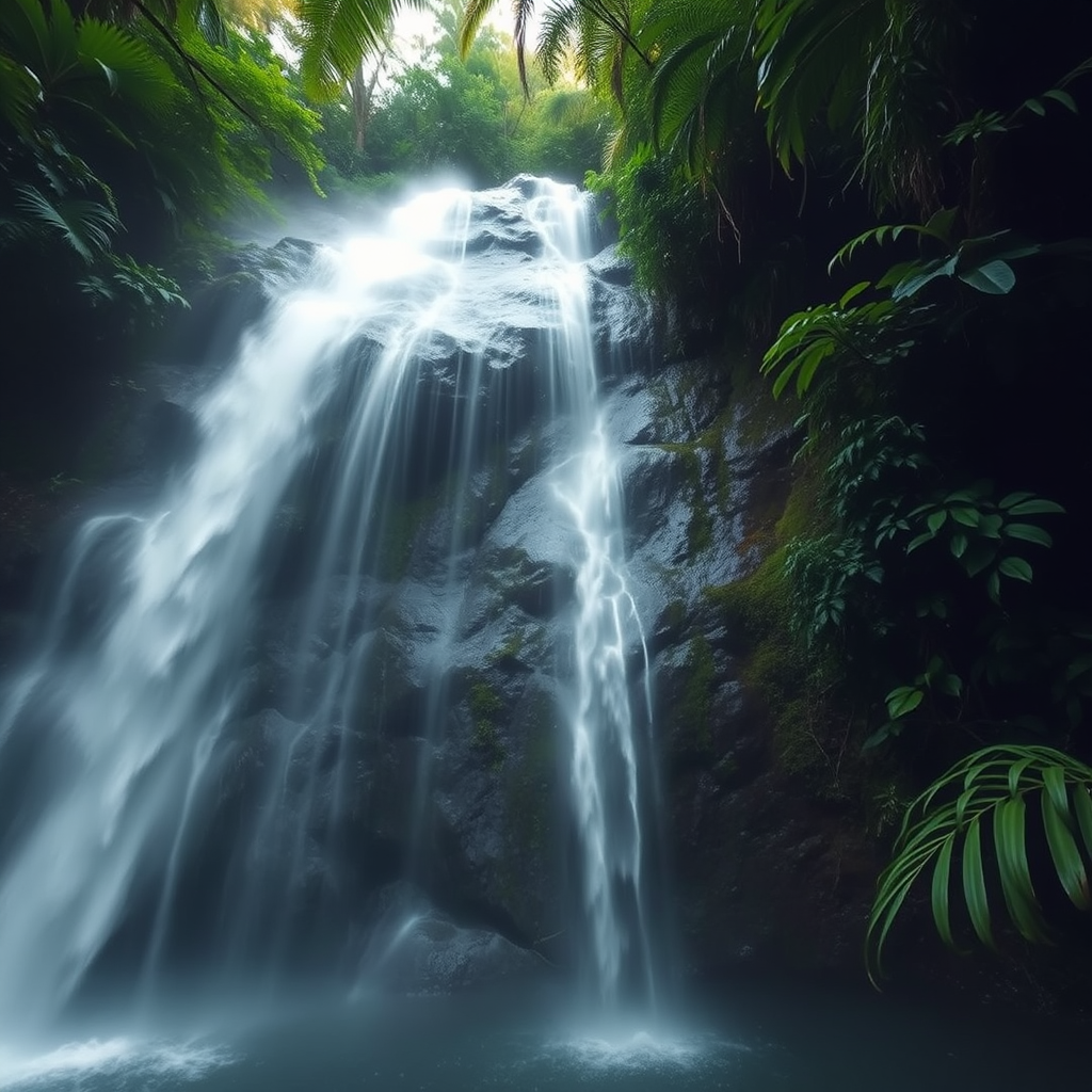lush jungle waterfall scene with mist, high dynamic range, f/8 aperture, ISO 100, 1/125 sec exposure, wide-angle lens, low angle view, shot with a full-frame DSLR camera