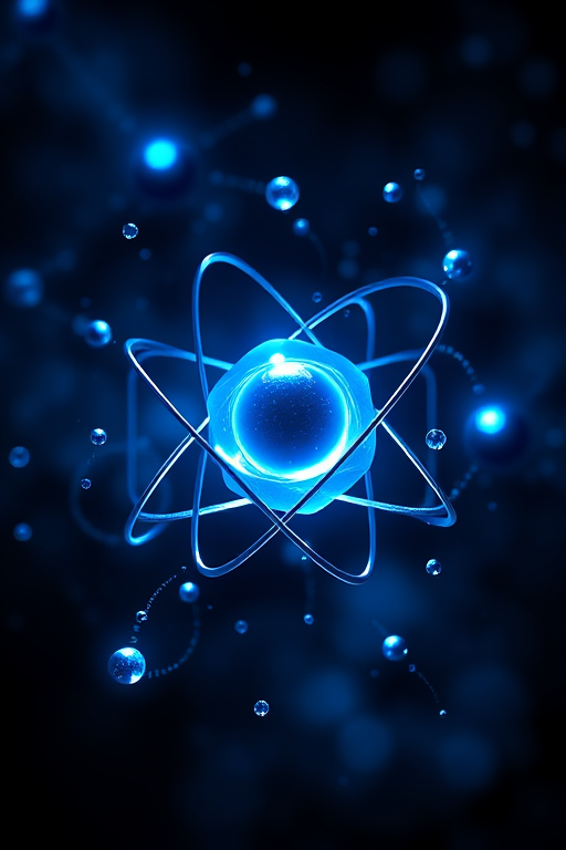 Create a high-resolution digital illustration of an atom surrounded by a cloud of electrons with a blue glowing effect, using a macro lens with an aperture of f/2.8 to achieve a shallow depth of field, a 50mm lens, and a studio lighting setup.