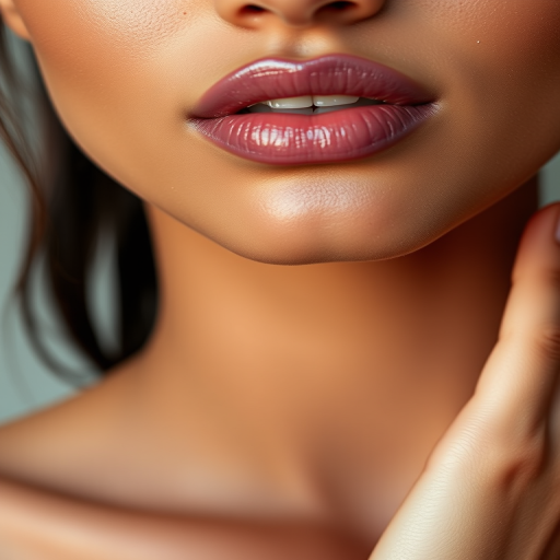 Unique purple-tinged nude lip shade complements olive skin tone, enhancing the lips' natural shape with a subtle sheen and barely-there sparkle