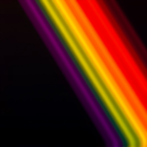 create an abstract image of vibrant diagonal rainbow stripes blending softly into a dark background using a Canon EOS R5 with a 50mm f/1.2 lens, aperture set to f/2.8, ISO 100, shot at a shutter speed of 1/125 seconds, in an artistic style with long exposure effect to enhance color blending and light trails.