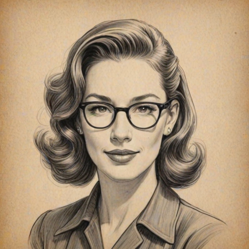Resplendent Brooke Langton, pencil sketch, portrait of Charming woman 1940s in glasses, hair style beatnik, outline, clear lines, fine lines, 8k