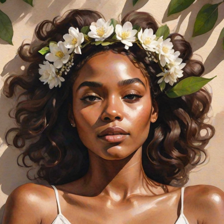 create a watercolor painting of an ethereal portrait of beautiful African American woman with a simple white flower crown on her head. Her hair is long and she is lying on the ground. The sunlight on the trees casts shadows from the leaves on her face and body. The background is a neutral brown color that matches her skin tone. The image is minimalist and solid colors. This style is characterized by soft, delicate brushstrokes and a light, airy, contrasting color palette. High level of detail and play of light