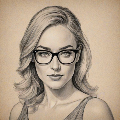 Resplendent Caity Lotz, pencil sketch, portrait of Ravishing woman 1955s in glasses, hair style beatnik, outline, clear lines, fine lines, 8k