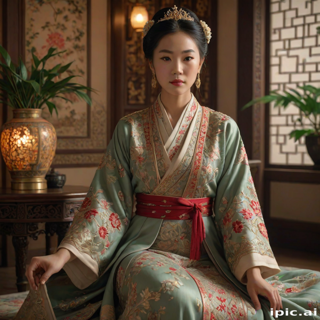 A beautiful woman in traditional East Asian attire, intricately detailed with embroidered patterns, sitting gracefully in a richly decorated room, soft ambient lighting, serene and elegant, ultra-realistic, 8K resolution