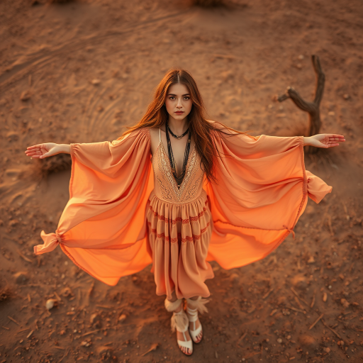 Desert setting, bohemian model, flowy dresses, earthy tones, rustic sunset effect,  equipped with a 12mm lens to capture an overhead view of the model, emphasizing symmetry and spatial positioning